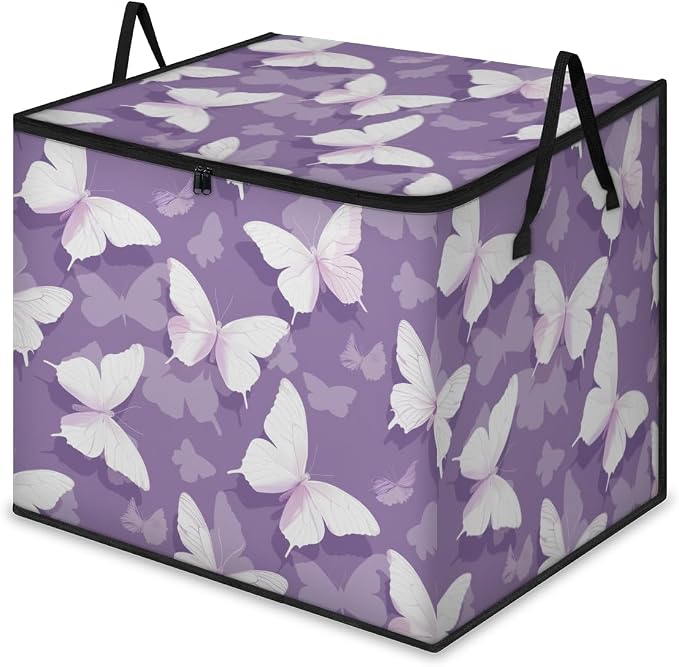 Butterfly Large Storage Bags, Fabric Bed Storage Containers, Foldable Closet Organizers for Blanket, Clothing, Comforter, Bedding, Purple