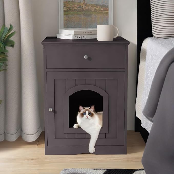 NicBex Cat Litter Box Enclosure with Drawer and Single Door Hidden Litter Box Furniture Pet Crate Covered Nightstand,Night Stand Cat House Indoor,Brown,18.9'' W