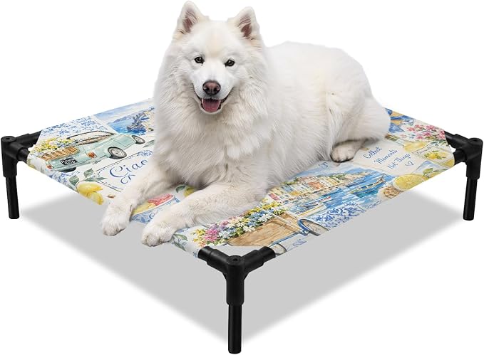Summer Village Elevated Dog Bed, Coastal Blue Flowers Cart Yellow Lemons Starfish Outdoor Raised Pet Bed for Dogs Cats, Portable Breathable Cooling Waterproof Pet Cot 20x20 Inch