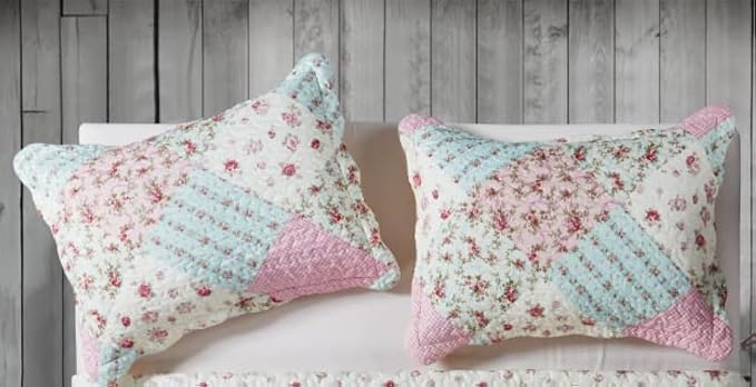 Brilliant Sunshine Pink & Green Roses Pillowshams Set, 20"x26"+2" | Patchwork Design, Quilted Standard Pillowcases, Washable Scallop Edge Pillow Covers, Pack of 2