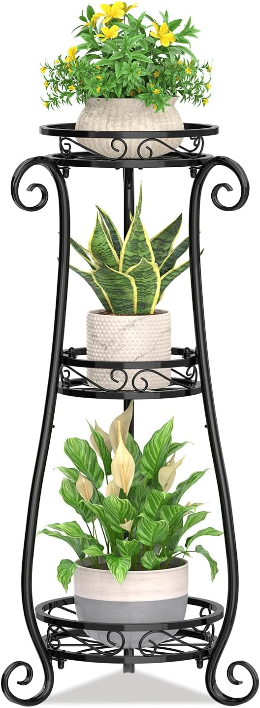 KMOTASUO 3 Tier Metal Plant Stand Tall for Indoor Outdoor Corner, Black | Heavy Duty Flower Holder Rack, Modern Vertical Iron Shelf for Patio Bathroom Office Garden