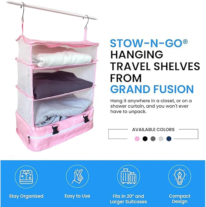 Stow-N-Go Hanging Travel Shelves, Packing Organizer for Luggage. Carry on Closet for Suitcase. Expandable Packing Cube. Travel Essentials. (Pink - XL, XL = (L) 17.7" x (W) 11.8")