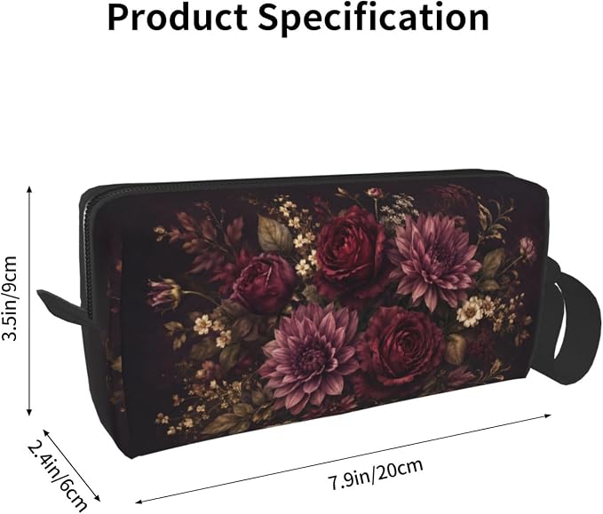 Burgundy Floral Small Makeup Bag, 600D Oxford Travel Pouch | Burgundy Floral Cosmetic Pouch with Double-Sided Print and Foam Padding for Women, Travel, Gym, Weekend Trips and Daily