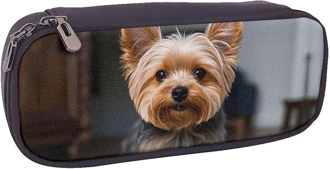Leather Pen Case with Zipper - Aesthetic Pen Holder Cute Pet Yorkie Pencil Case for Women & Men - Handcrafted Pencil Bag Multi-Functional Travel Cosmetic Case for Work Office Tool Pouch
