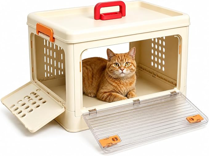 Pet Carrier for Cat & Dog,19-in Collapsible Cat Carrier Hard,Portable Crate | Dogs Travel Crates,Pets up to 20 lbs, Durable Plastic Travel Kennel for Car, Ventilated Design, Beige