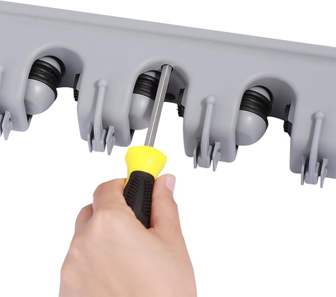 TOGU Mop and Broom Holder Wall Mounted 3 Position Storage Rack with 4 Retractable Hooks Holds up to 7 Tools Utility Weatherproof Holder for Garage Storage Systems Broom Organizer,Gray