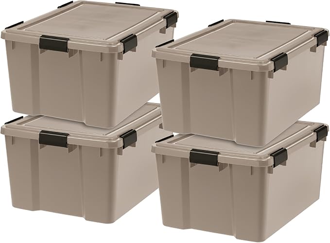 IRIS USA 4-Pack 63 Qt Storage Bins with Gasket Lids, Tan | WeatherPro seal helps protect bulky items for moving, garage, attic and basement storage
