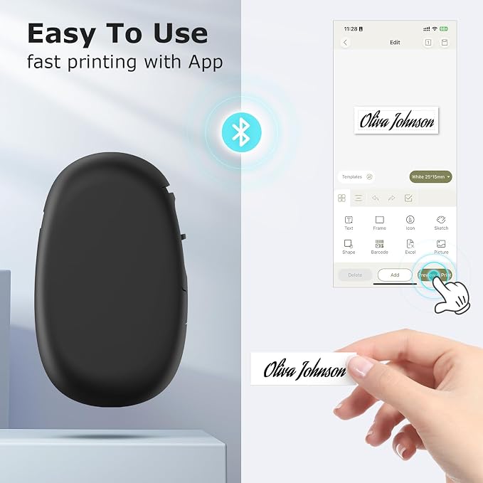 SUPVAN E10 Bluetooth Label Maker Machine with Tape, Black | Fits Continuous & Die-Cut Waterproof Label, Easy App Editing, Rechargeable, Inkless, for School, Home, Kitchen, Office