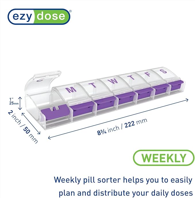 EZY DOSE Weekly (7-Day) Pill Case, Medicine Planner, Daily Vitamin Organizer Box, X-Large Push-Button Compartments, Convenient and Easy to Use, Arthritis Friendly, Clear Lids, Color May Vary, BPA Free