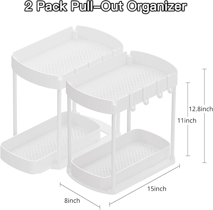 2 Packs Under Sink Pull-Out Storage Organizers, 12.8 Inches, White | Multi-Purpose Cabinet Organizers and Storage for Bathroom & Kitchen