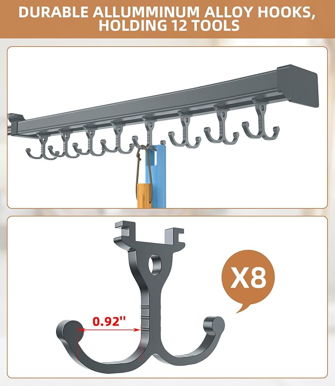 Pull Out Broom Holder With Adjustable Double Row Sliding Hook-Grey 18.11in | High Load Capacity, Multifunctional Slide Broom And Mop Storage/Garage Organization Hooks, for Closet Laundry, kitchens