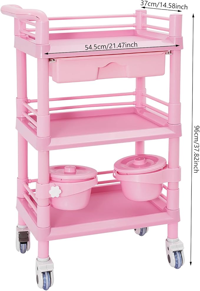 Mobile Salon Storage Cart with Wheel and Drawer, Portable 3-Tier Professional Trolleys, 176 Lbs Load Utility Tool, for Barber Stores, Spas, Homes, Beauty Store, Pet Shops (Pink)