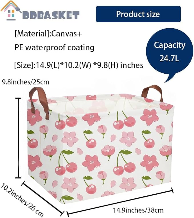Rectangular Cherry Basket Girls Baskets Storage Bins Room Decor Cute Organizer Box(Cherry)