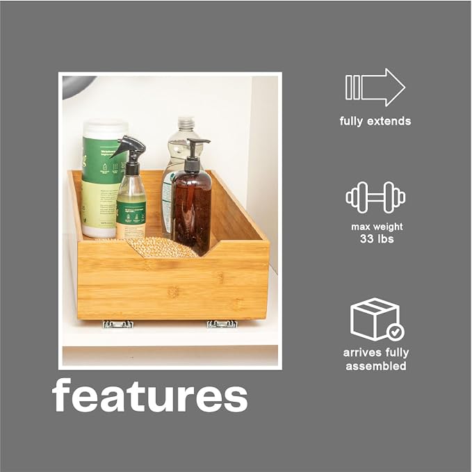 Household Essentials Glidez Bamboo and Steel Pull-Out/Slide-Out Storage Organizer for Under Cabinet Use - 1-Tier Design - Fits Standard Size Cabinet or Shelf, Natural