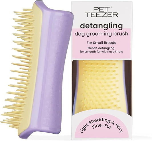 Pet Teezer Detangling Dog Grooming Brush, Dry Brush & Dog Bath Brush for Wet or Dry Fur & Light Shedding Breeds, Small, Lilac/Yellow