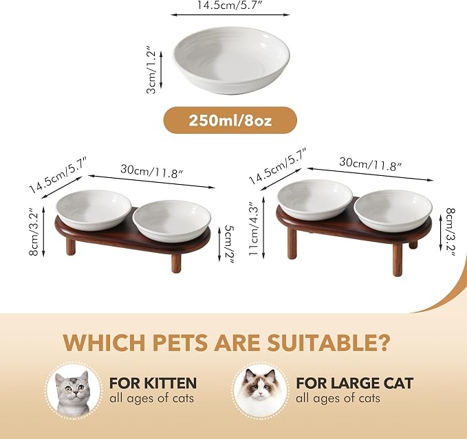 Havniva Elevated Cat Bowls, Ceramic Cat Bowl with Wood Stand, Wide Opening | 5.7” Raised Cat Food Bowls, Whisker Friendly Cat Dish, Anti-Slip Cat Water Bowls, Shallow Cat Bowls, Cat Food & Water Bowl