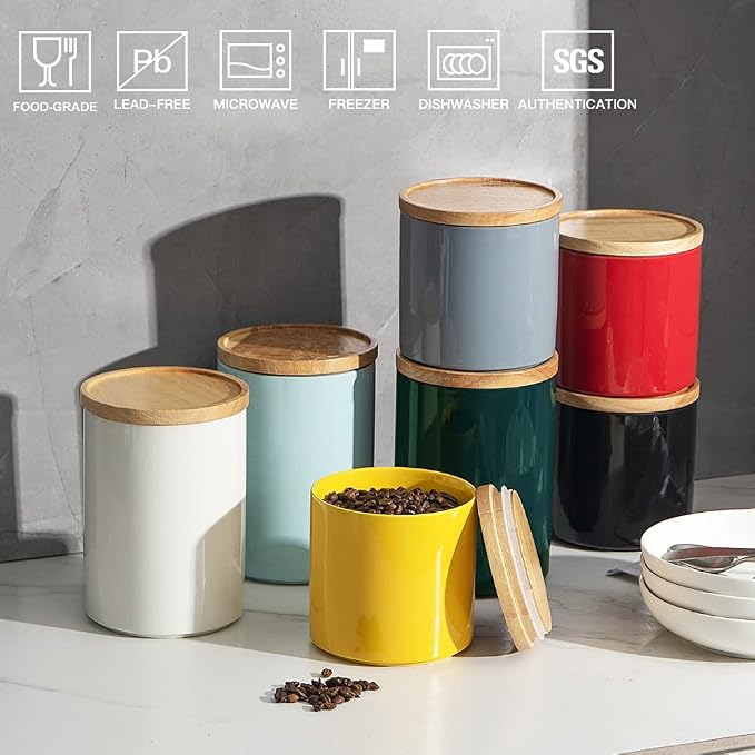 Sweejar Kitchen Canisters Ceramic Food Storage Jar, Stackable Containers with Airtight Seal Wooden Lid for Serving Coffee Bean, Flour, Tea, Spice and More - 39 Fl Oz (Jade)