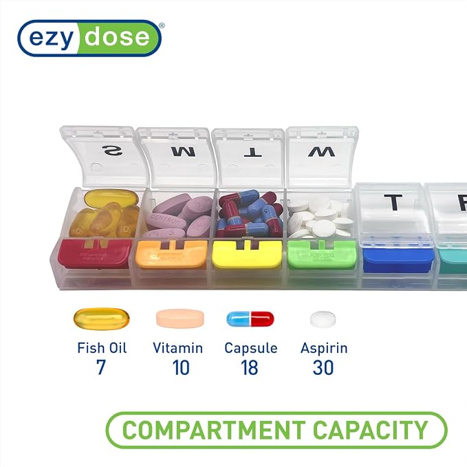 Ezy Dose Weekly (7-Day) Pill Organizer, X-Large Medicine Planner, Rainbow | Daily Vitamin & Supplement Case, Spacious Push-Button Compartments, Convenient & Easy to Use, Travel-Friendly, BPA-Free