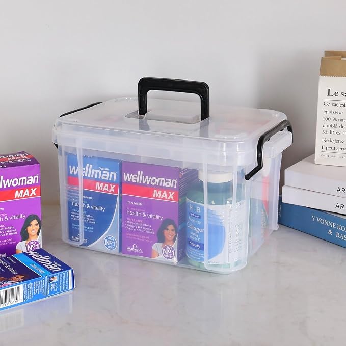 HEY FOLY Set of 2 Clear Medicine Organizer Storage Box with Tray, 15qt+5qt Plastic First Aid Box Empty, Thickened Medicine Container Chest, Multipurpose Medical Case with Labels, Clear Medicine Caddy