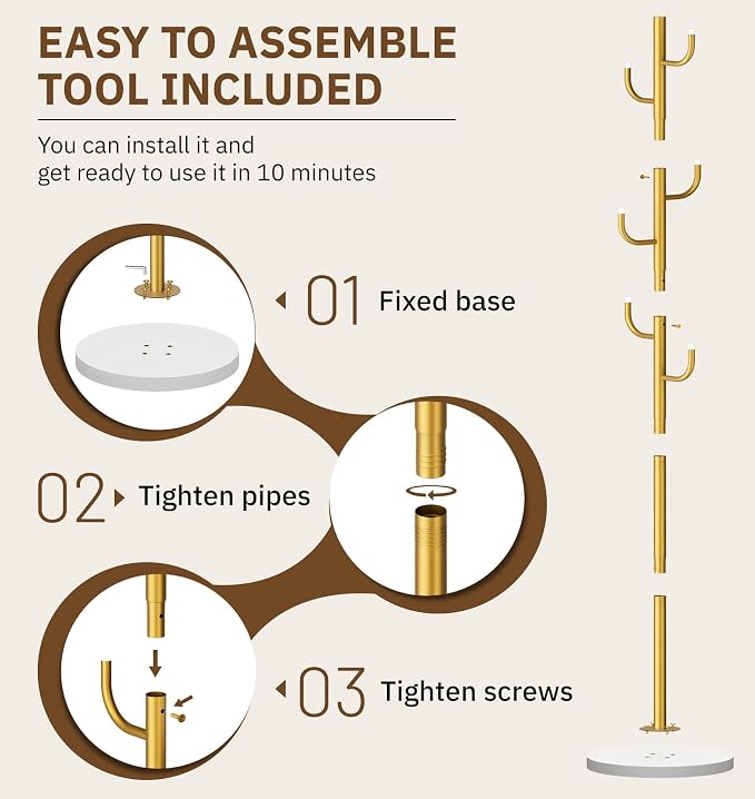 MISSLO Heavy Duty Coat Rack Freestanding 4 Adjustable Size Coat Tree with Stable Wood Base Coat Hanger Stand with 6 Hooks Standing Clothes Tree for Bedroom, Gold