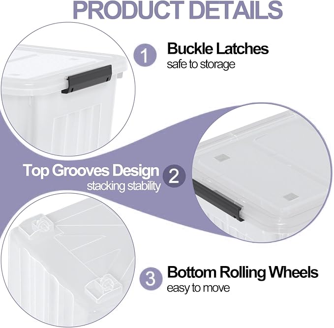 70 L Large Clear Storage Box, 4-Pack Storage Bin with Lid & Wheels | Durable Plastic Material, with Black Latches