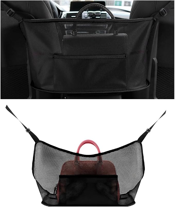 Car Net Pocket Handbag Holder, Driver Storage Netting Pouch Between Seats, Large Capacity Seat Back Organizer Mesh Pocket for Purses and Bags, Auto Backseat Pet Kids Barrier (Black)