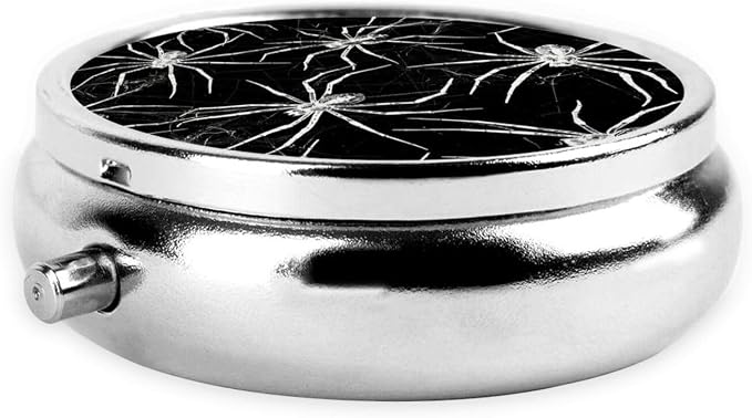 White Black Spiders Portable Pill Organizer | 3 Compartment, With Mirror, For Men Women, For Daily Supplements, Vitamins, Fish Oil, Jewelry, Candy, Travel