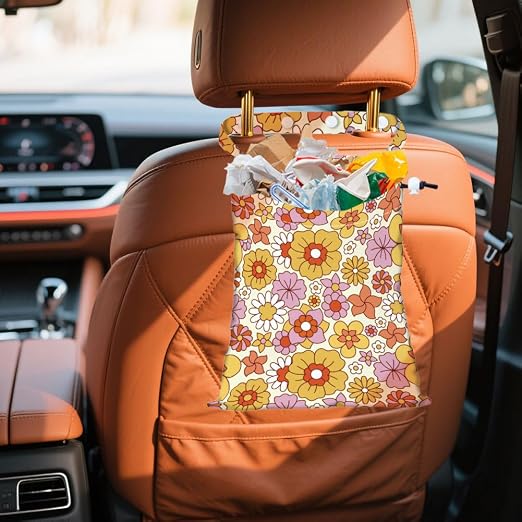 Small Flowers Strap Drawstring Car Trash Bag Hanging Garbage Bag with Snap Buttons Car Back Seat Trash Storage Portable Dustbin Vehicle Trash Can Bag for Vehicle Travel Camping