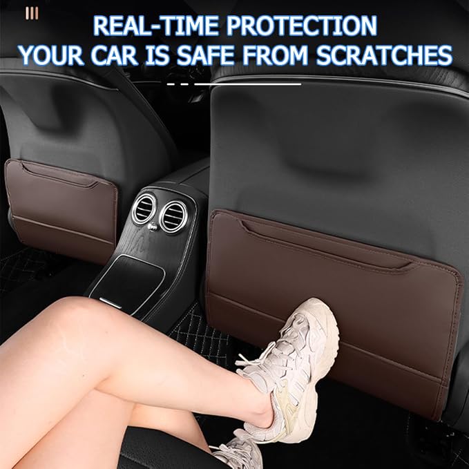 Zpana 2PCS Car Kick Mat Back Seat Protector, Microfiber Leather Vehicle Back Seat Cover with Storage Pocket, Automotive Backseat Anti-Kick Pad for Kids Pets, Universal for Truck SUV RV (Dark Brown)