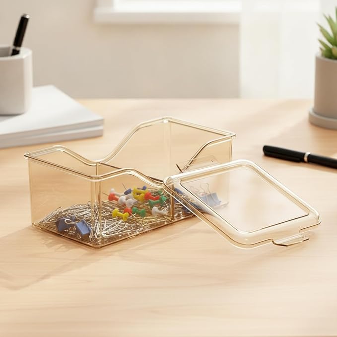 Divided Storage Box with Lid, PET Plastic Organizer for Desktop Drawers, Clear Compartments for Office Supplies Craft Jewelry (1 PC)