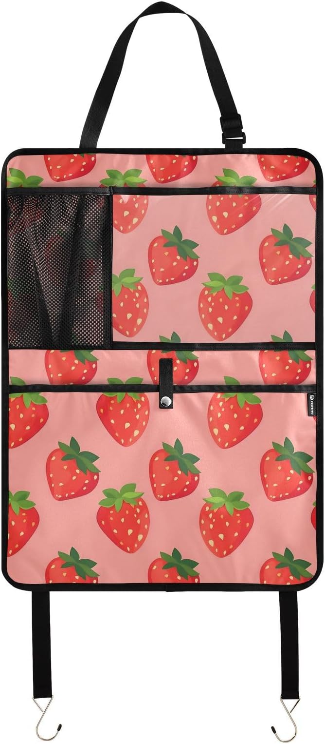 JIPONI Car Backseat Organizer, Strawberrys Pink Automotive Back Seat Protector, Kick Mats with Storage Pockets for Kids Pets, Road Trip Accessories (2 Pack)