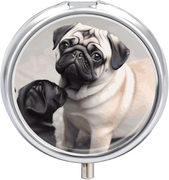 Cute Pet Pug Pill Box 3 Compartment, Pill Case Portable for Pocket Or Purse,Pill Organizer to Hold Vitamins, Medication, Fish Oil &Supplements