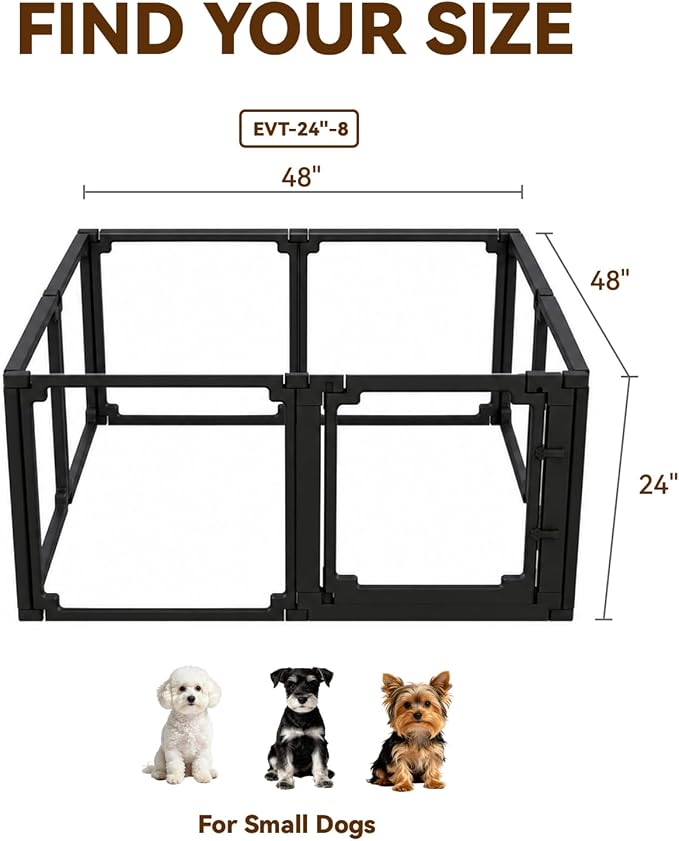 Dog Playpen, Expandable & Stackable Acrylic Dog Play Pen, FlexiSpace Adjustable Clear Dog Enclosure Indoors, Transparent Dog Fence for Dogs Cats Rabbits Small Animals (Black, 24", 8 Panels)