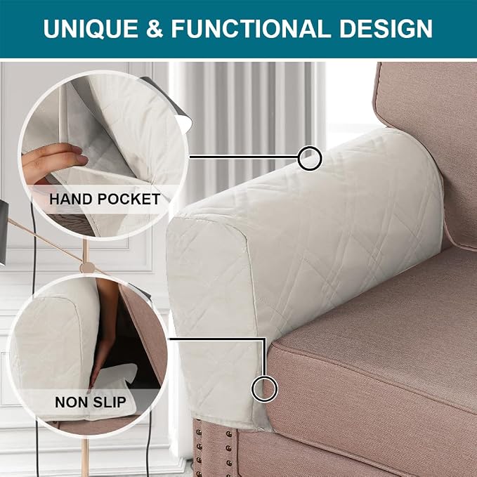 2-Pack Waterproof Armrest Covers for Couches & Chairs – Anti-Slip Furniture Protectors with Side Pockets, Washable Sofa Arm Covers, Universal Stretch Fit (Fits Most Armrests) (Beige)