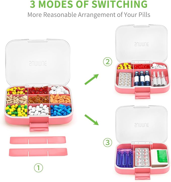 Large Pill Organizer, 9 Compartments Portable Travel Pill Box Case Moisture Proof, XL Pill Container Holder for Vitamins, Cod Liver Oil, Supplements, Medication (Pink)