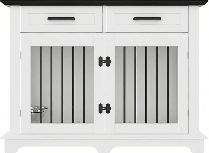 44.48" Large Dog Crate, 3-in-1 Wooden Dogs Crate End Table TV Stand Furniture with 2 Storage Drawers and Rotating Bowls, Decorative Pet House Dog Crates for Small/Medium Dogs, White+Black