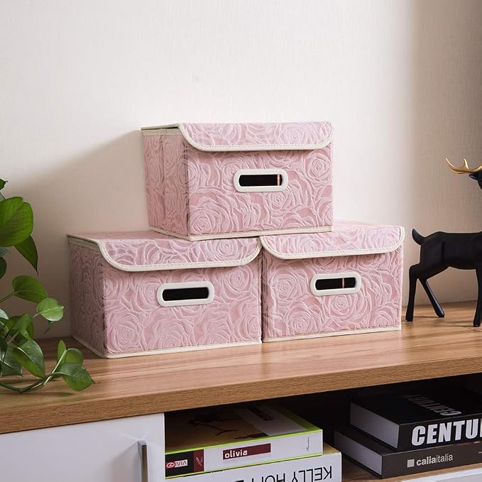 Collapsible Storage Boxes with Lids Fabric Decorative Storage Bins Cubes Organizer Containers Baskets with Cover Handles Divider for Bedroom Closet Living Room 9.8x7.9x6.7 Inch 3 Pack