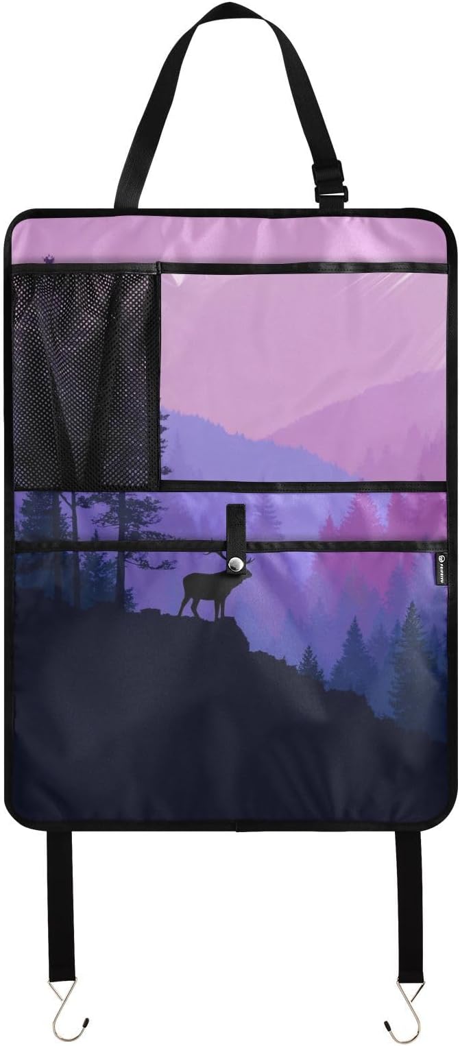 1 Pack Back Seat Car Organizer with Storage Pockets Kick Mats Back Seat Protector Hanging Car Organizer Automotive Seat Back Cover Organizers Purple Stag Mountains and Forest
