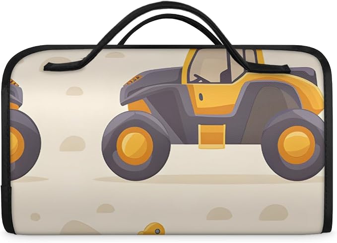 Construction Trucks Makeup Bag for Women Hanging Roll-Up Travel Organizer Toiletry Kit with 4 Removable Compartments, Yellow