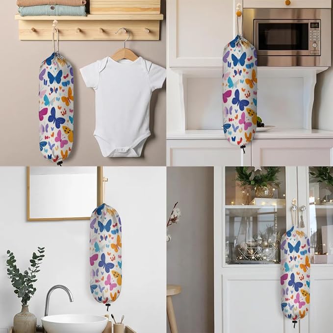Colorful Butterfly Plastic Bag Holder Spring Butterflies Grocery Bag Storage Dispenser Washable Hanging Shopping Bags Carrier Reusable Wall Mount Trash Bag Organizer for Kitchen Pantry