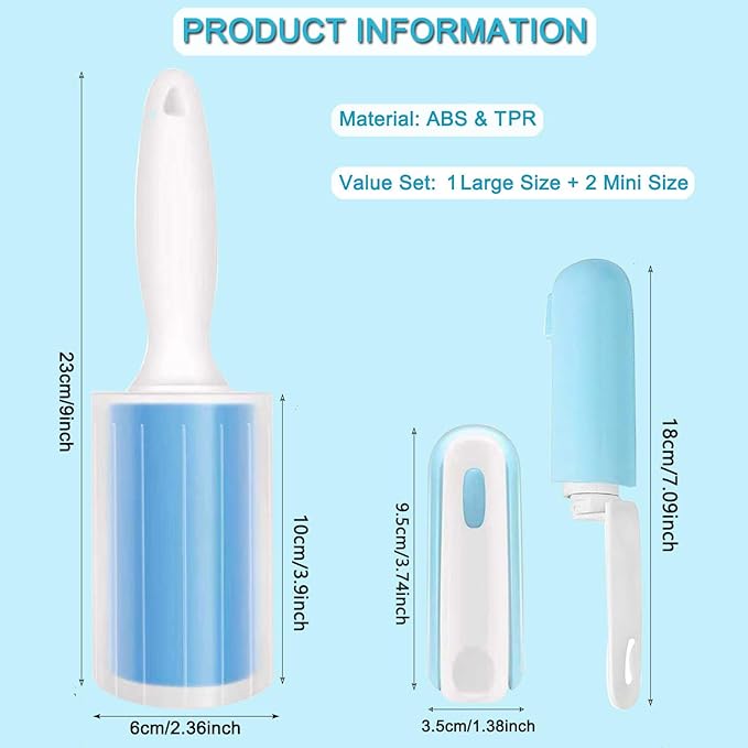 Reusable Washable Lint Roller 3 Pack, Sticky Gel Lint Rollers, Cat Dog Pet Hair Lint Remver Cleaner for Clothes, Carpet, Travel, 1 Large Roller with Dust Cover and 2 Mini Portable Small Lint Brush