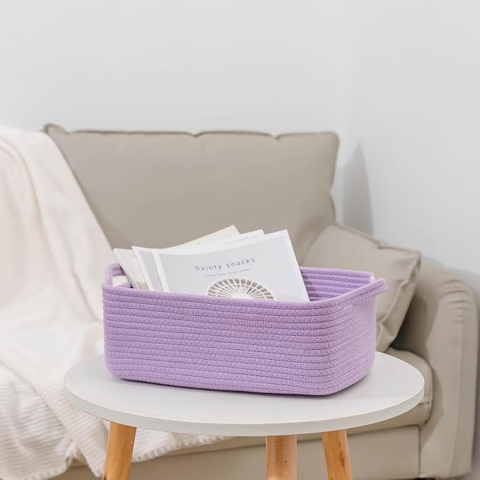 CubesLand Cube Storage Organizer Basket Bin, Cotton Rope Shelves Basket | Durable Woven Rectangular Shelf Basket for Organizing, Nursery Toys Basket, Purple Basket