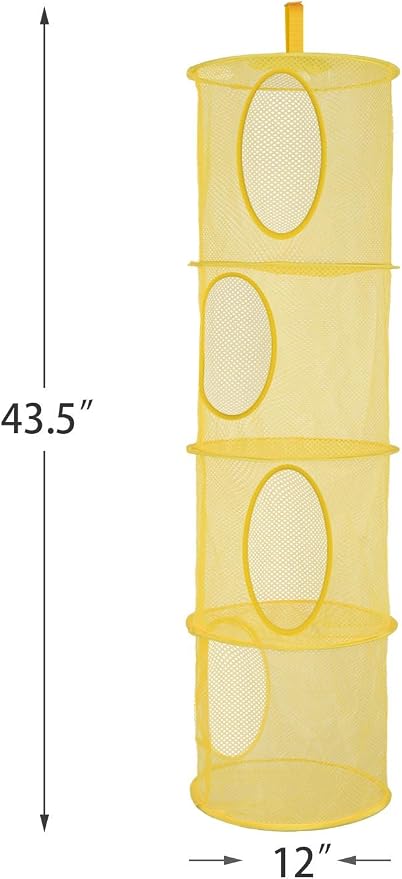2Pcs Hanging Stuffed Animal Storage Hammock 4 Tiers, Yellow | Hanging Mesh Storage Organizer for Kids Room, Holds Plushies, Gloves, Hats, Socks, Foldable Space-saving Design