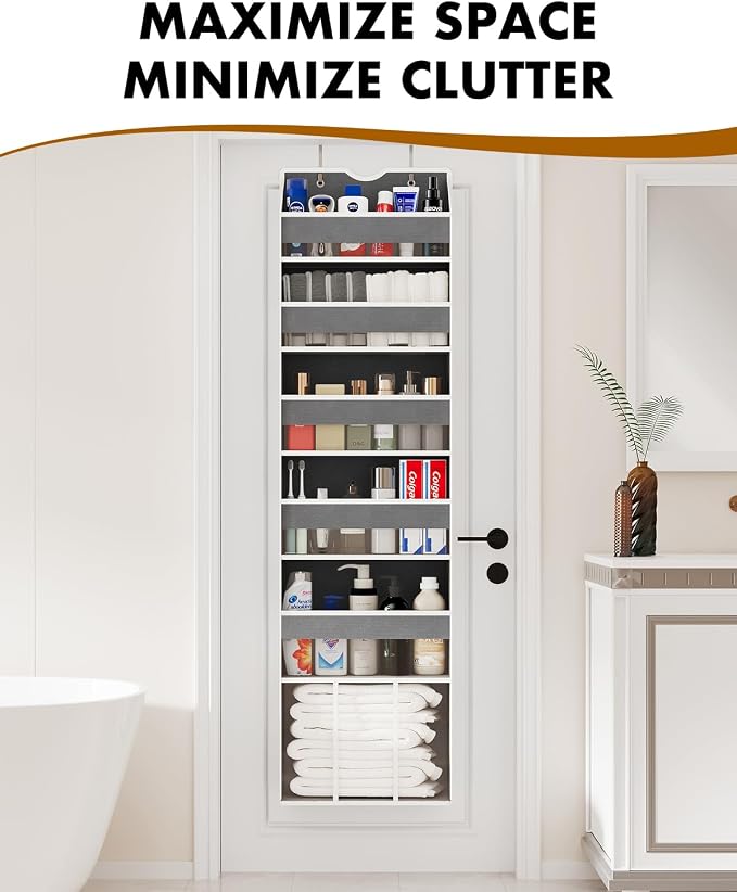Over The Door Organizer, 6-Shelf Hanging Door Storage for Bathroom | 50lb Load Grey Behind the Door Organizer for Bathroom Closet Nursery Pantry Bedroom Laundry Dorm Small Room