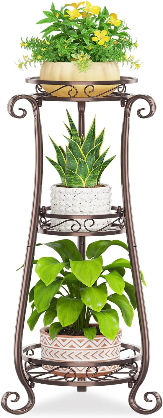 KMOTASUO 3 Tier Metal Plant Stand Tall for Indoor Outdoor Corner, Bronze | Heavy Duty Flower Holder Rack, Modern Vertical Iron Shelf for Patio Bathroom Office Garden