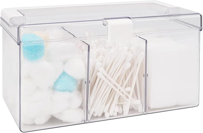 Adorila Clear Organizer Case with Handle, 3-Compartment PET Storage Box | Customizable Sections with 2 Removable Dividers, Top Folding Handle, Snap Lock Clasp