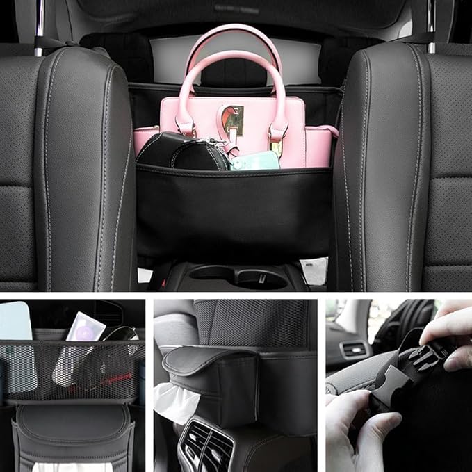 Car Purse Holder Between Seats Car Organizer, Leather Large Capacity Car Handbag Holder for Front Seat, Seat Back Net Bag Double-sided Tissue Storage Handbag Holder Car Divider (Black)