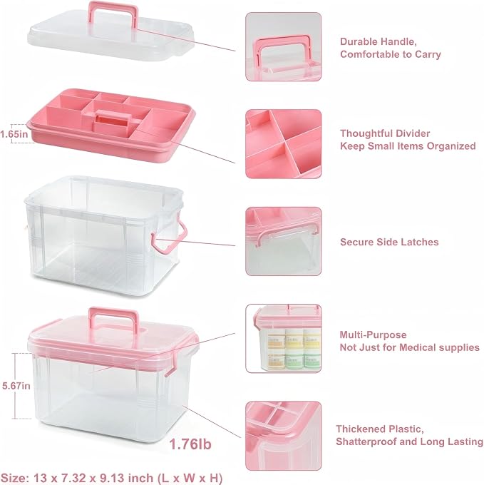 HEY FOLY Set of 2 Pink Medicine Organizer Storage Box with Tray, 15qt+5qt Plastic First Aid Box Empty, Thickened Medicine Container Chest, Multipurpose Medical Case with Labels, Clear Medicine Caddy
