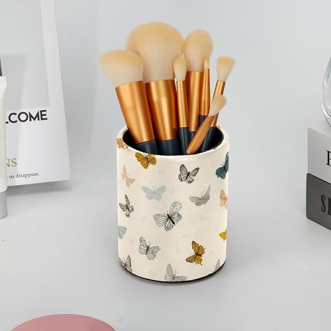 Faux Leather Pen Holder for Desk, Pencil Organizer Butterfly Pen Cup Desk Decor Makeup Brush Holder Storage for Office Home