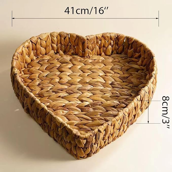Set of 3 Heart Wicker Storage Baskets | Hand-Woven Natural Water Hyacinth Storage Baskets Stackable Pantry Organizers and Storage for Shelves Bathroom Kitchen